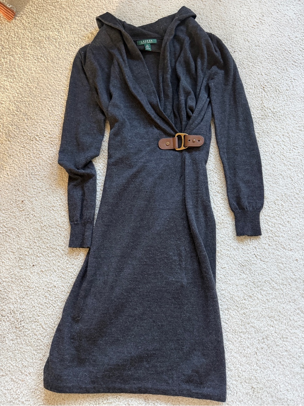 Ralph Lauren Charcoal Wrap Midi Dress with Brown Leather Buckle